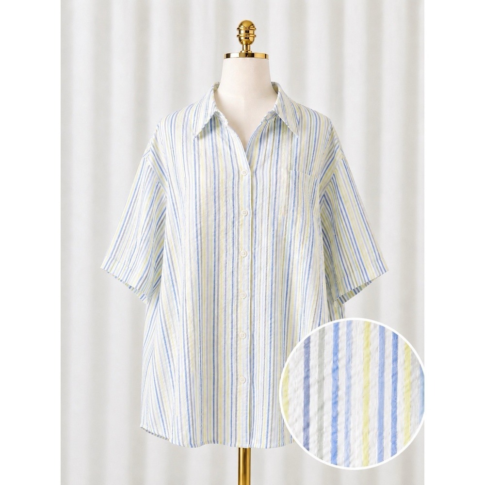 Denim & Co Seersucker Button Front Short‎ Sleeve Shirt Top Blue Green Stripe 3X